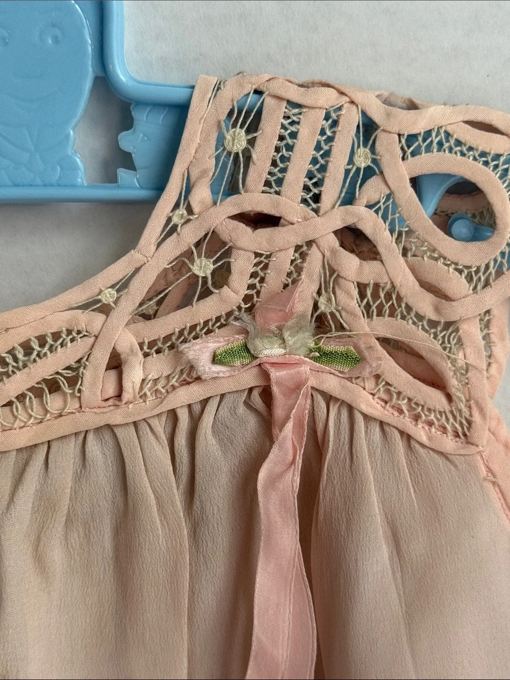 Antique c.1915–1925 Silk Baby Dress Tape Lace Pink Ribbonwork Heirloom Display